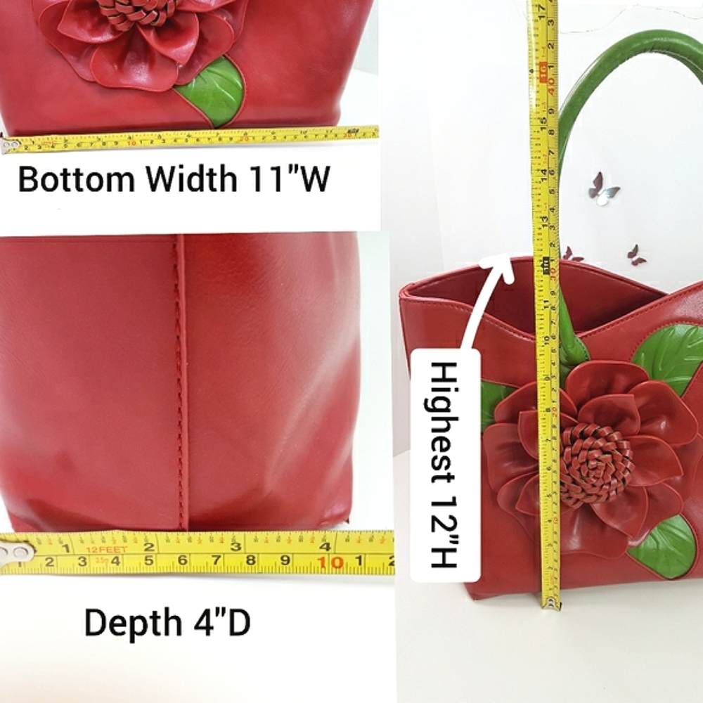 Floral🌺Tote HandBag| Red Green|3D Embossed|Vegan - Picture 7 of 10